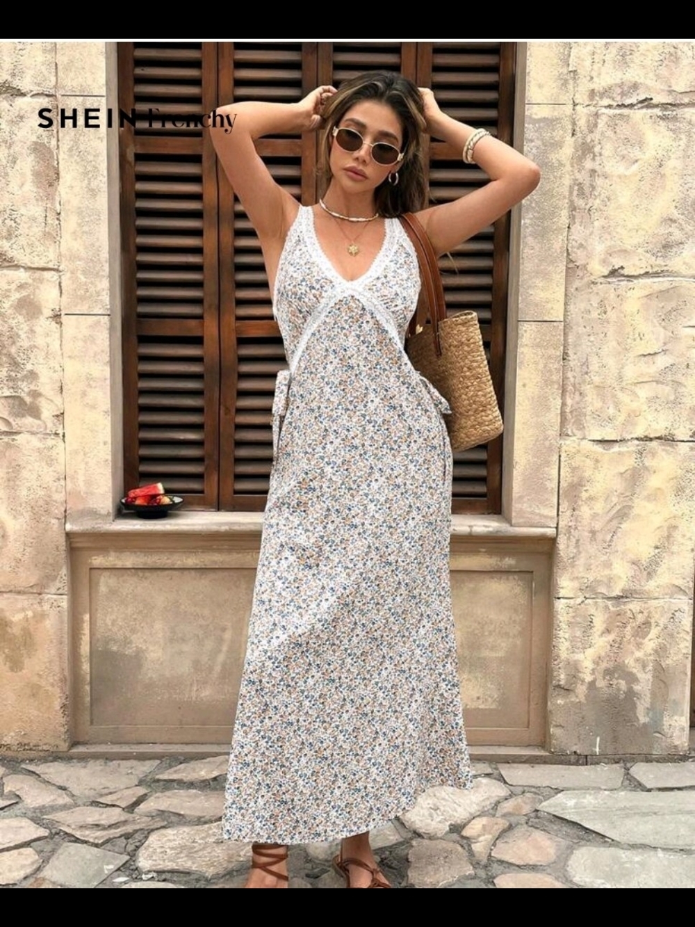 *NEVER WORN* White Floral Maxi Dress with Blue & Tan Accents